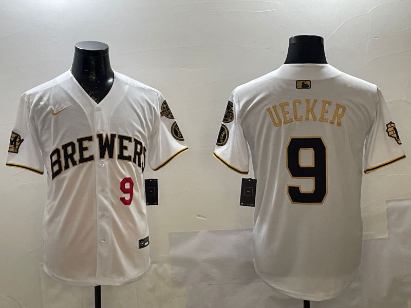 Men Milwaukee Brewers #9 Uecker White Gold Game 2025 Nike MLB Jersey style 2